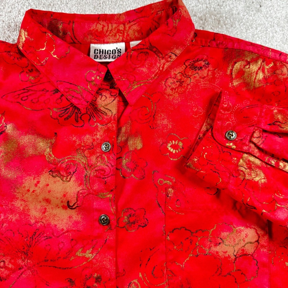 Chicos Design Red Gold Metallic Floral Butterfly Button Down Shirt Size 3 (XL)